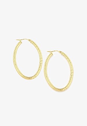 Auksinės auskarai-žiedai su pynimo dizainu, turintys lygią, blizgią tekstūrą ir klasikinę ovalią formą. Su varžtelio uždarymu, kad būtų saugu dėvėti.