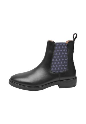 Black leather ankle boot with a low heel and dark elastic side panel featuring a small triangle pattern and pull tab at the back.