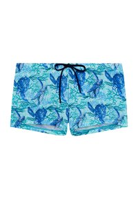 Blaue Badehorts mit türkisfarbigem Grund, versehen mit Schildkröten- und Korallenmustern. Schwarzer Kordelzug, weicher Stoff und Design mit mittellanger Beinlänge.