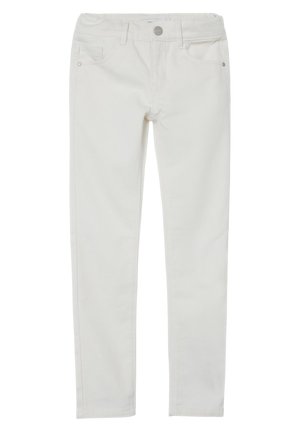 Hvide slim-fit jeans med forlommer, knaplukning og bæltestropper, vist fladt på en hvid baggrund.