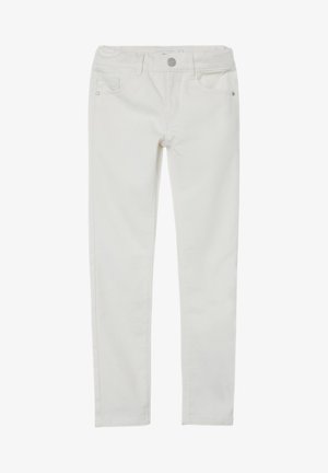 Jean slim blanc avec poches avant, fermeture par boutons et passants de ceinture, affiché à plat sur fond blanc.
