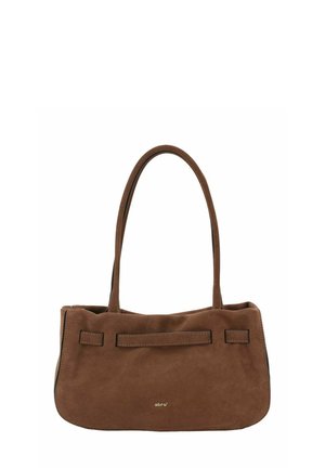 Brown suede handbag with two long handles, rectangular shape, and minimalist design. Features contrast stitching and a small logo on the front.
