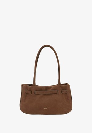 Brown suede handbag with two long handles, rectangular shape, and minimalist design. Features contrast stitching and a small logo on the front.