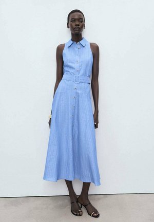 Light blue, sleeveless dress with a collar, belted waist, front buttons, and vertical stripes. Flared midi length with pockets.