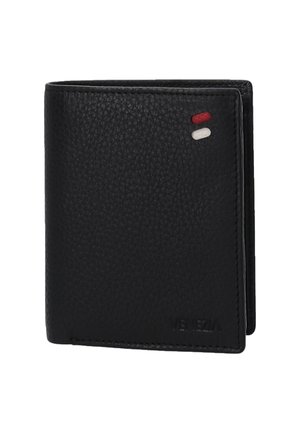 Black leather wallet with a textured finish, bi-fold design, two accent stripes in red and white, and embossed branding on the bottom right.