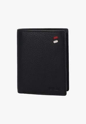 Portefeuille noir en cuir avec une finition texturée, design bi-fold, deux bandes décoratives rouge et blanche, et un logo en relief en bas à droite.