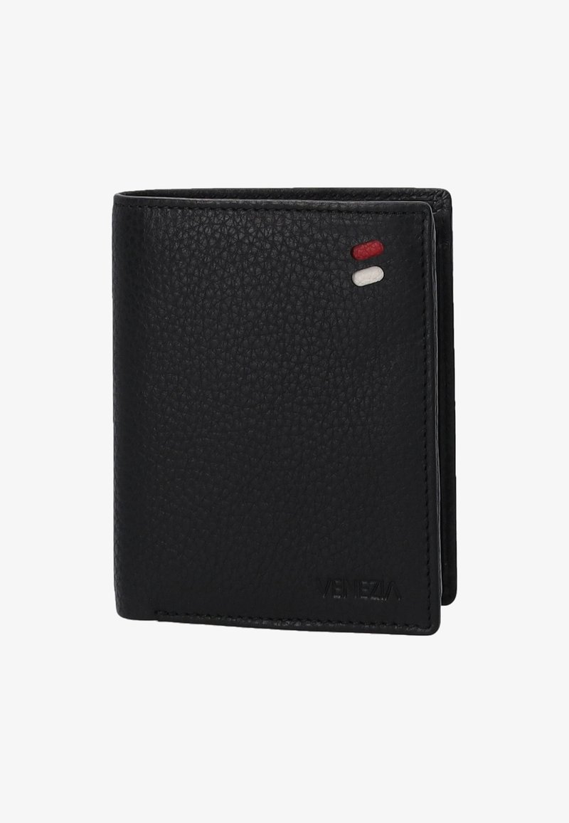 Zwarte leren portemonnee met een gestructureerde afwerking, bi-vouw ontwerp, twee accentstrepen in rood en wit, en een reliëf merk op de rechteronderhoek.