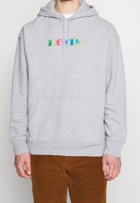 Felpa grigia con cappuccio regolabile e tasca a marsupio frontale. Presenta un logo "Levi's" multicolore in un design a gradiente.