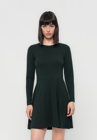 Robe longue verte à manches longues avec un corsage ajusté et une jupe évasée. Fabriquée en tissu doux avec une texture lisse et un col rond.