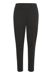 Pantalons noirs ajustés avec une taille haute, un devant plissé et des jambes fuselées. Fabriqués dans un tissu lisse avec des poches latérales et des passants de ceinture.