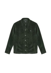 Veste en velours côtelé vert foncé avec une fermeture à boutons sur le devant, un col pointu, deux poches latérales et un petit logo brodé sur la poitrine.