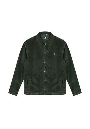 Chaqueta de pana verde oscuro con cierre de botones en la parte delantera, cuello puntiagudo, dos bolsillos laterales y un pequeño logo bordado en el pecho.