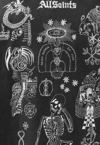 AllSaints-logo over hvite mystiske og alkymiske symboler, en drage, skjelett, stjerner, planter og slott på svart bakgrunn.