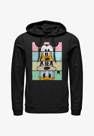 Musta huppari, jossa edessä pinottuina värikkäitä sarjakuvahahmoja Plutosta, Huurteesta ja Aku Ankasta retrohenkisellä, teksturoidulla tyylillä.