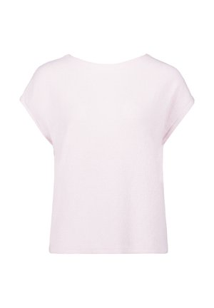 Haut rose clair à manches courtes, présentant une coupe décontractée et une texture douce. Design simple avec un décolleté large et un ourlet droit.