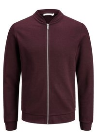 Burgundy sweatshirt with a stand-up collar, full-length front zipper, long sleeves, ribbed cuffs, and a smooth cotton texture.