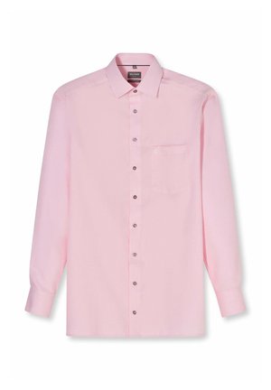 Hellrosa Herrenhemd mit langen Ärmeln, durchgehender Knopfleiste, Kragen und Brusttasche, auf weißem Hintergrund präsentiert.