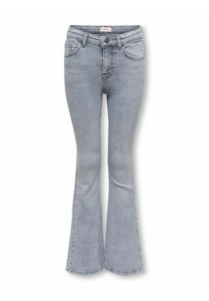 Jasnoniebieskie jeansy z denimu z wysokim stanem i rozszerzanymi nogawkami, z przednimi kieszeniami i zapięciem na guziki.