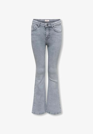 Jasnoniebieskie jeansy z denimu z wysokim stanem i rozszerzanymi nogawkami, z przednimi kieszeniami i zapięciem na guziki.