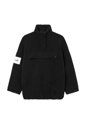 Black fleece pullover with high collar, snap buttons, and a front pocket. Features a white logo patch on the left sleeve. Soft texture.