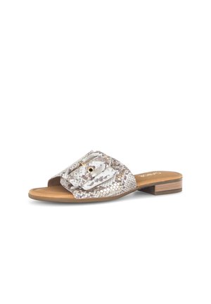 Flat slide sandal with beige and grey snakeskin pattern, large buckle detail, and low wooden heel on a white background.