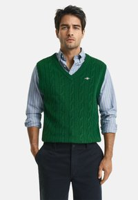 Groene gebreide vest met een kabelpatroon, V-halsontwerp, gedragen over een blauw-witte gestreepte shirt. Bevat een klein logo aan de linkerkant.