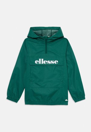 Veste à capuche vert foncé avec poche avant et logo blanc "ellesse" sur la poitrine, poignets élastiques et fermeture à demi-fermeture éclair.