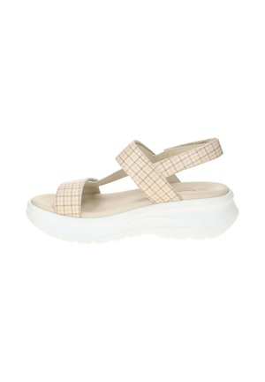 Beige open-toe sandal with checkered fabric straps and a white chunky rubber sole, designed for casual wear.