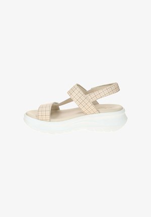 Beige open-toe sandal with checkered fabric straps and a white chunky rubber sole, designed for casual wear.