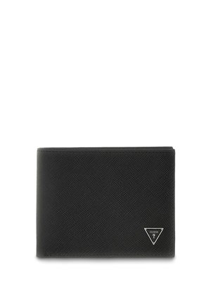 Portefeuille bi-fold en cuir texturé noir avec un petit logo métallique triangulaire dans le coin inférieur droit.