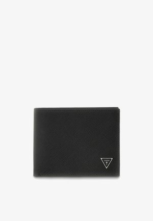 Portefeuille bi-fold en cuir texturé noir avec un petit logo métallique triangulaire dans le coin inférieur droit.