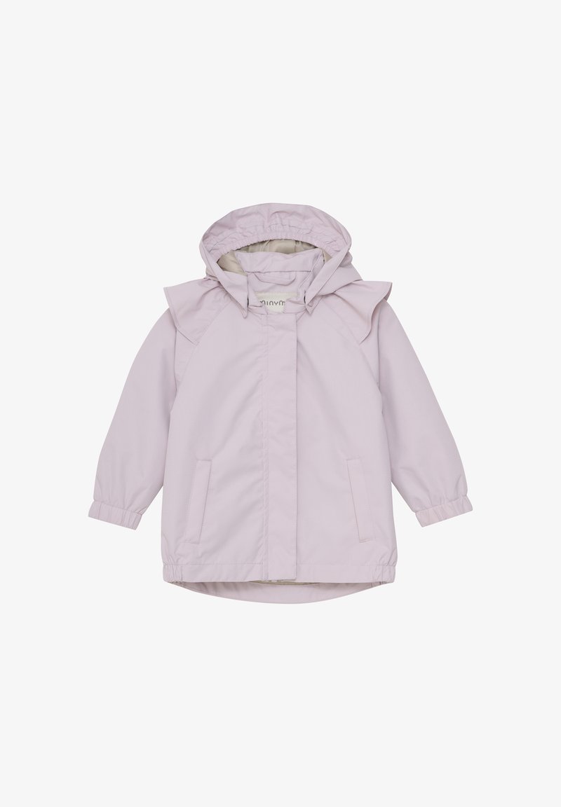 Jasnofioletowa kurtka z kapturem, z falbanami na ramionach, kieszeniami z przodu oraz elastycznymi mankietami. Gładki, lekki materiał.