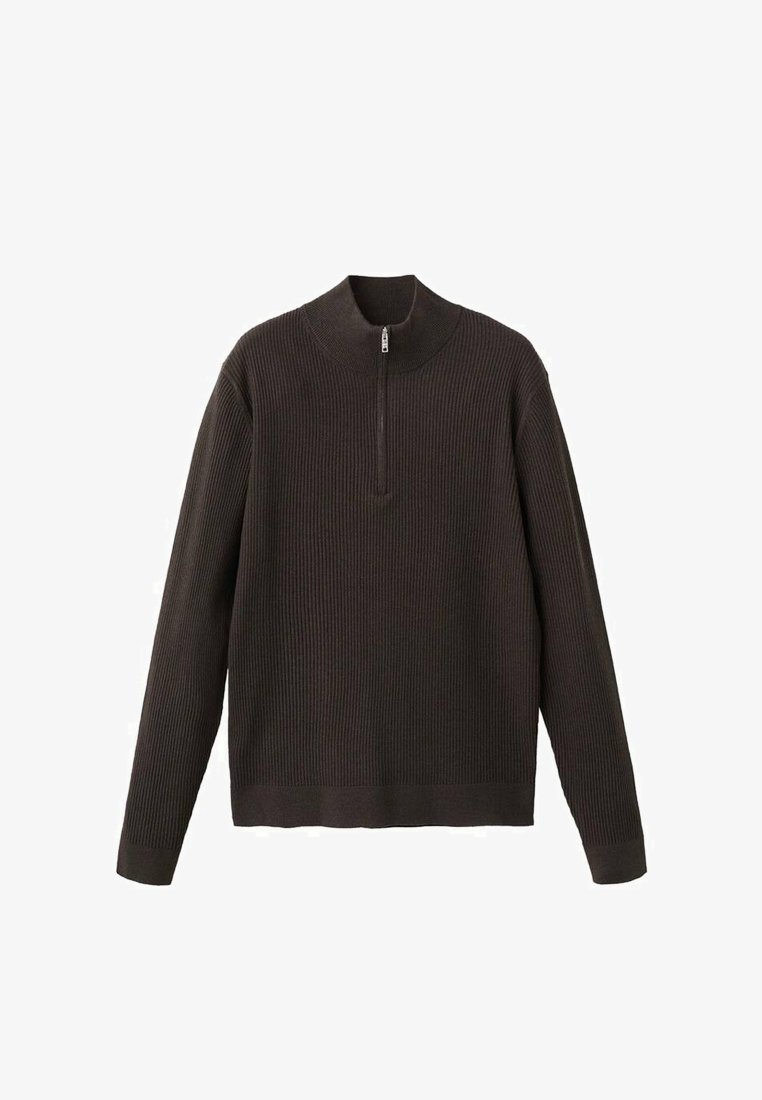 Dunkelbrauner Halb-Reißverschluss-Pullover aus geripptem Strickstoff, mit hohem Kragen und langen Ärmeln sowie geradem Saum.