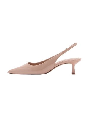 Nude sandały na obcasie ze wskazującym noskiem, z błyszczącym wykończeniem i krótkim, blokowym obcasem. Minimalistyczny design z elegancką sylwetką i bez zdobień.