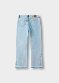 Light blue denim jeans with a straight cut, featuring a waistband label, two back pockets, and frayed hems.