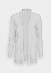 Cardigan gris clair avec un devant ouvert, des manches longues, des poignets et un ourlet côtelés, fabriqué en tissu doux et extensible. Aucune fermeture visible.
