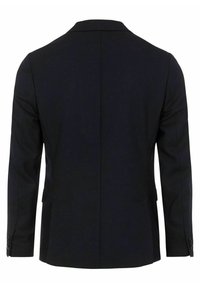 Ciemnoniebieska marynarka o dopasowanym kroju, z pojedynczym rozcięciem i dwoma guzikami na każdym mankiecie. Gładka tekstura z delikatnym wzorem na tkaninie.
