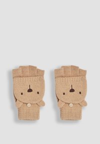 Pletene, brezprstne rokavice v bež barvi z obliko medvedka, ki vsebuje črne vezene detajle in okroglo gumbno okrasitev na dnu.