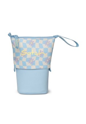 Small blue and white checkered pouch with purple flowers, zipper closure, wrist strap, and "Satch" logo on the front.