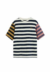 Striped T-shirt with short sleeves, featuring dark blue, cream, and accent colors of gold and pink, with a small logo detail on the chest.