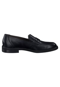 Mocassins en cuir noir avec un bout arrondi, bande décorative sur l'empeigne et un petit talon solide. Texture lisse et détails de couture minimalistes.