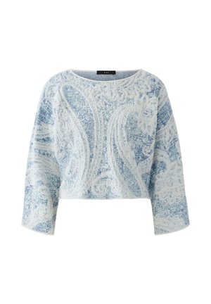 Hellblauer und weißer strukturierter, langärmeliger, kurz geschnittener Pullover mit Paisley-Muster und rundem Ausschnitt.