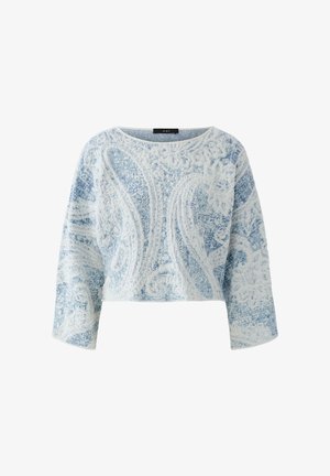 Hellblauer und weißer strukturierter, langärmeliger, kurz geschnittener Pullover mit Paisley-Muster und rundem Ausschnitt.
