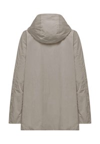 Giacca impermeabile grigia chiara con cappuccio, caratterizzata da una texture liscia e maniche lunghe, progettata con una silhouette a taglio dritto.