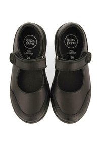 Zapatos Mary Jane de cuero negro con punta redondeada, correa ajustable y suela de goma texturizada. Talla 26, fabricados por Gios Eppo.