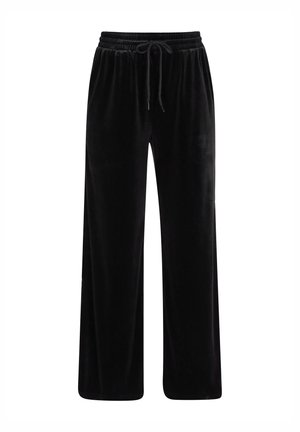 Zwarte fluwelen wijde broek met een elastische tailleband en trekkoord. Glad textuur zonder patronen of versieringen.