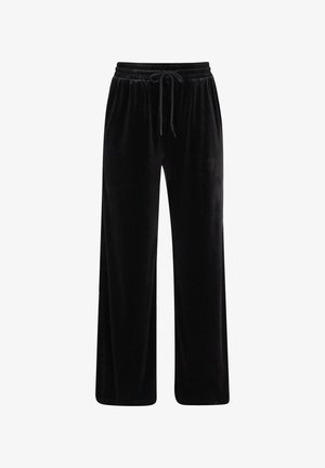 Black velvet wide-leg pants with an elastic waistband and drawstring. Smooth texture with no patterns or embellishments.