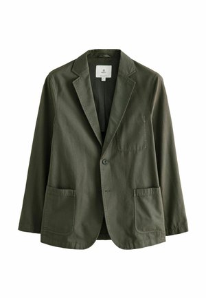 Blazer in misto cotone verde oliva con chiusura a un bottone, revers a punta, due tasche frontali e taschino sul lato sinistro del petto. Texture liscia.