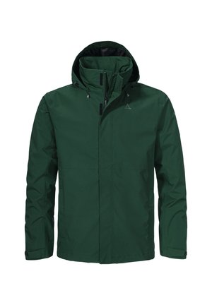 Grüne wasserdichte Jacke mit Kapuze, Reißverschluss vorne und verstellbaren Manschetten. Glatte Textur mit minimalistischen Design und Logo auf der Brust.