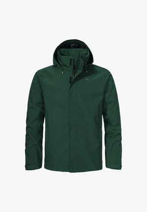 Green waterproof jacket featuring a hood, zippered front, and adjustable cuffs. Smooth texture with a minimalist design and logo on chest.